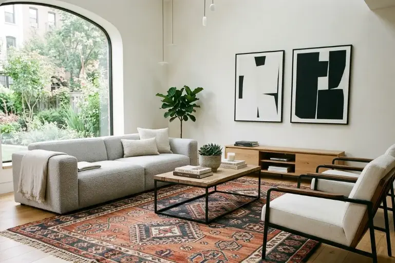Tribal handmade rug in a modern minimal interior showing cultural patterns – Hasida Rugs Collection