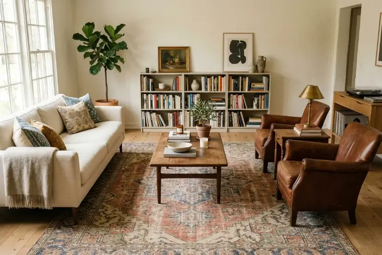 Vintage distressed handmade rug with faded patterns in a modern interior– Hasida Rugs Collection