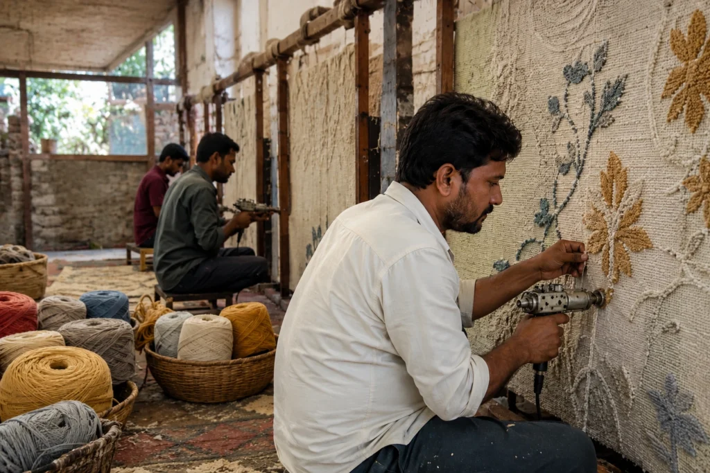 Skilled artisans making hand tufted rugs in Bhadohi workshop – Hasida Rug Collection
