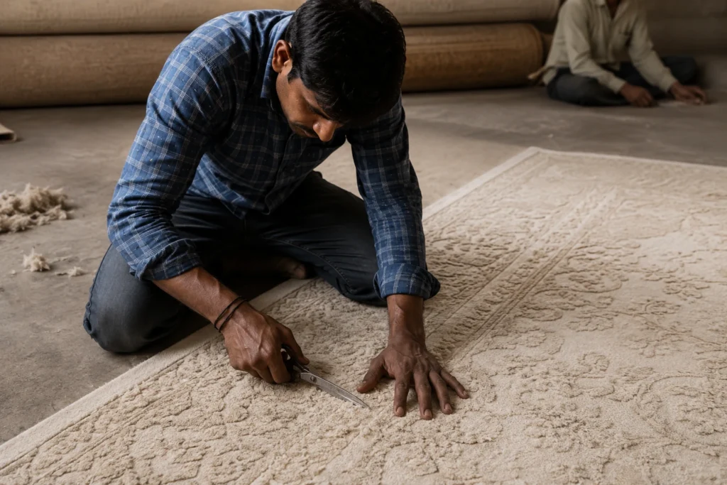 Final trimming and quality inspection of a handmade rug in Bhadohi – Hasida Rug Collection