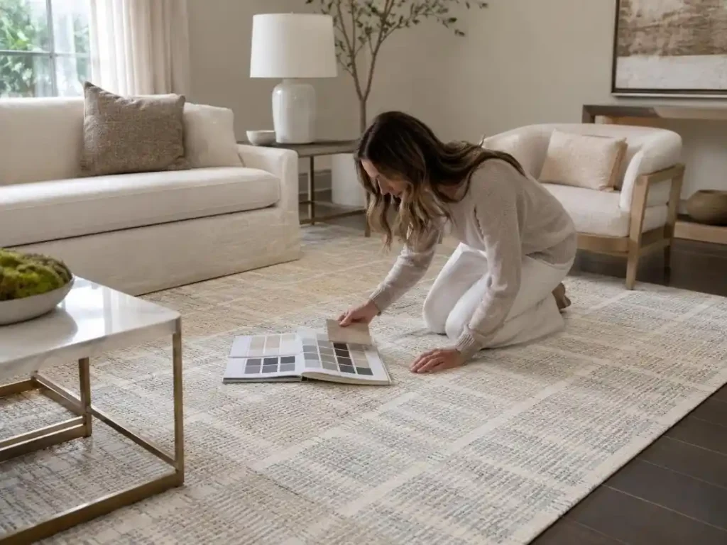 Checking Pantone colour accuracy on a handmade rug strike-off sample – Hasida Rugs Collection