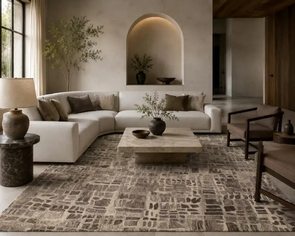 Eco-friendly handmade rug styled in a luxury bedroom interior – Hasida Rugs Collection