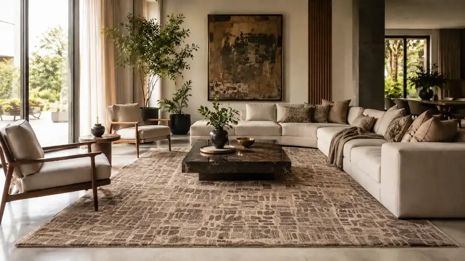 Handmade Indian rug in a luxury modern living room interior – Hasida Rugs Collection