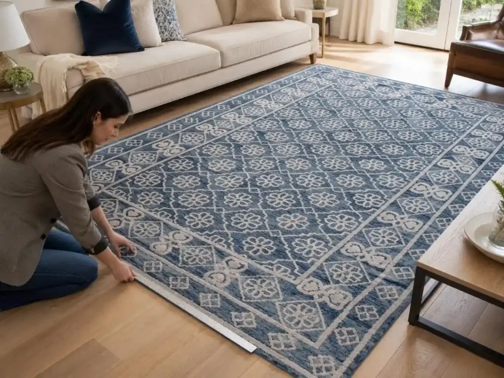 Inspecting rug border straightness and edge finish on a handmade rug strike-off sample – Hasida Rugs Collection