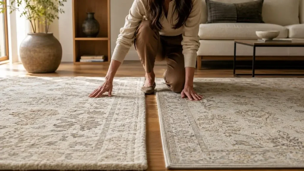 Showing texture and quality difference between wool and synthetic rug 1