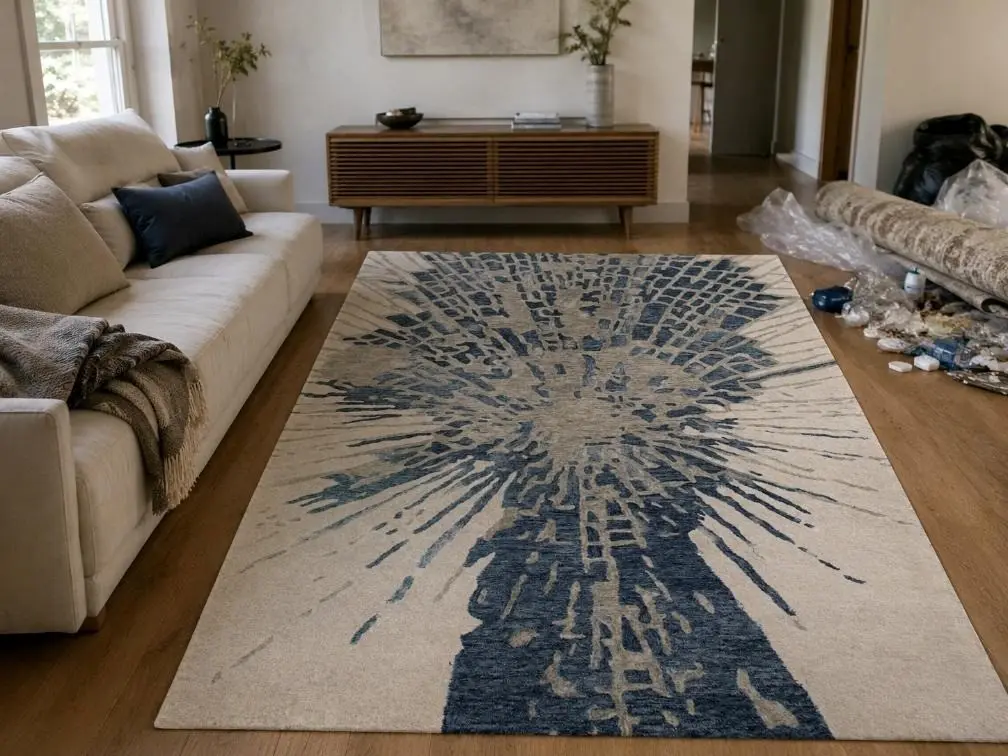 Worn synthetic rug with faded colour and flattened texture in a living room