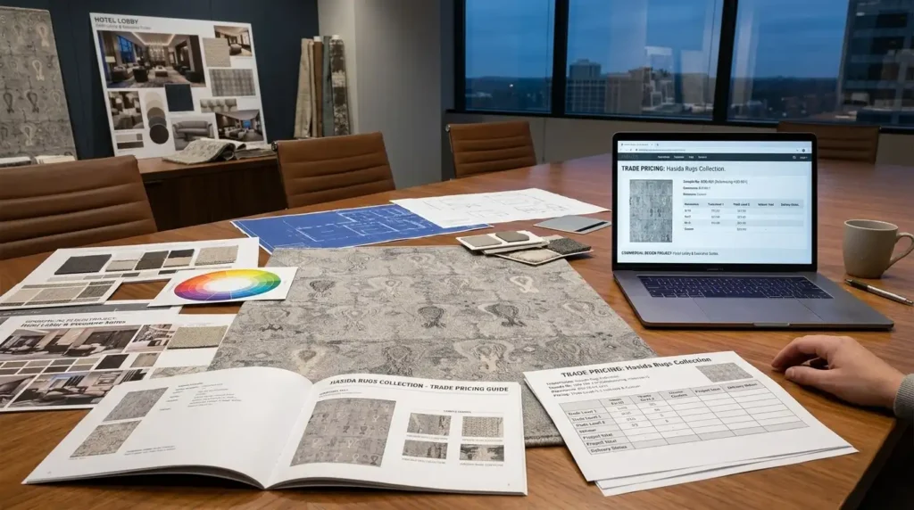 Interior designer reviewing rug samples and trade pricing options for a commercial design project – Hasida Rugs Collection