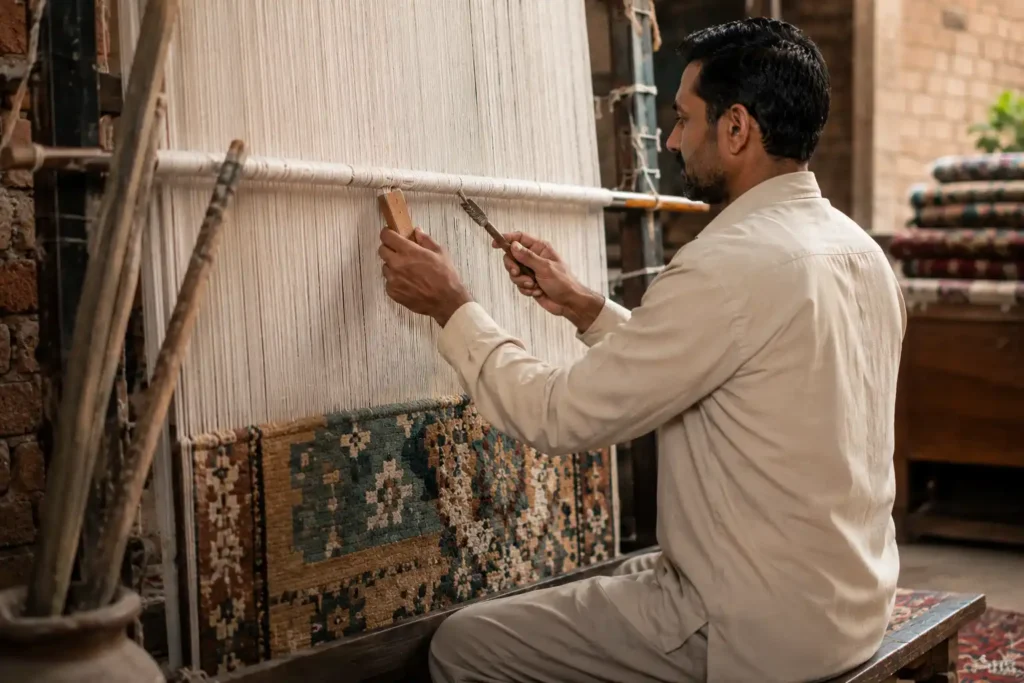 Artisan weaving a handloom rug on a traditional loom for hotel and resort – Hasida Rugs Collection