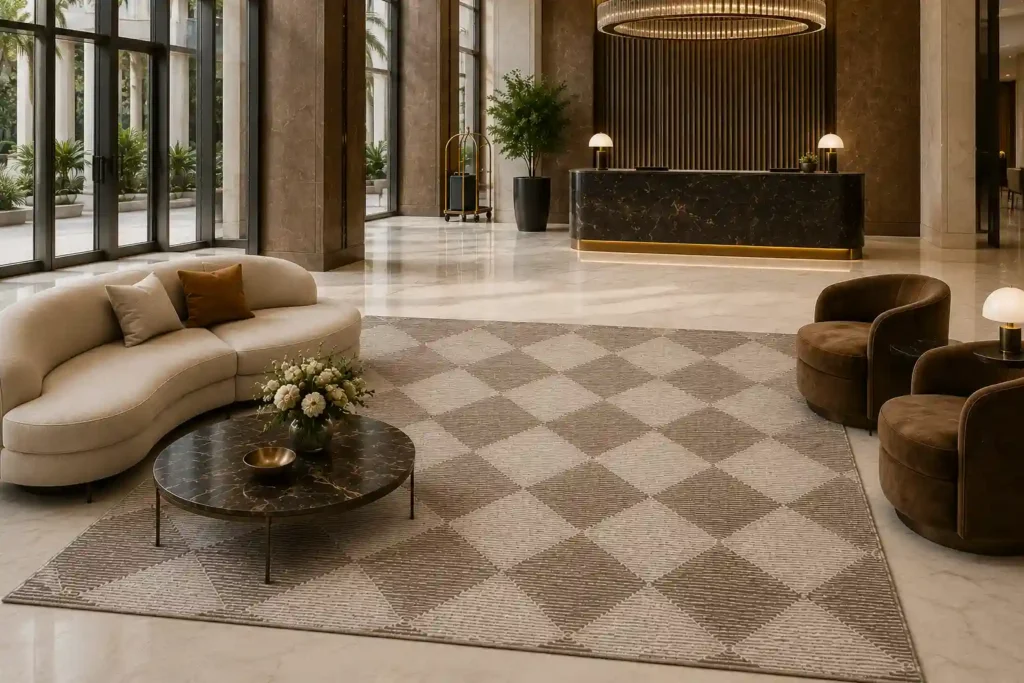 Luxury hotel lobby featuring a durable handloom rug – Hasida Rugs Collection