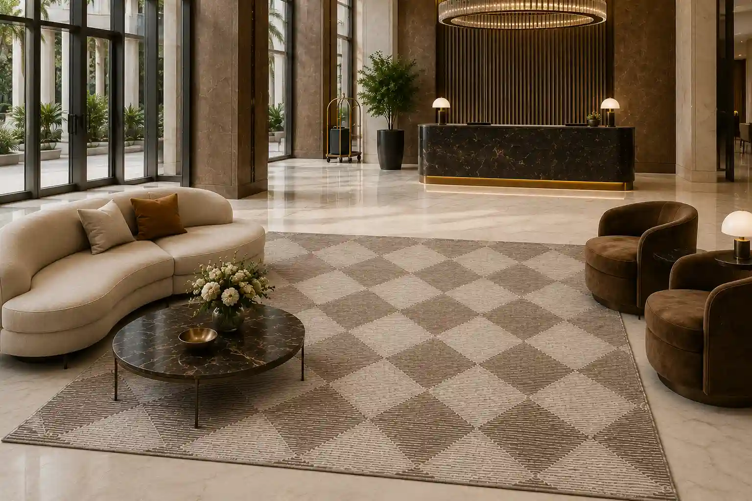Luxury hotel lobby featuring a durable handloom rug – Hasida Rugs Collection