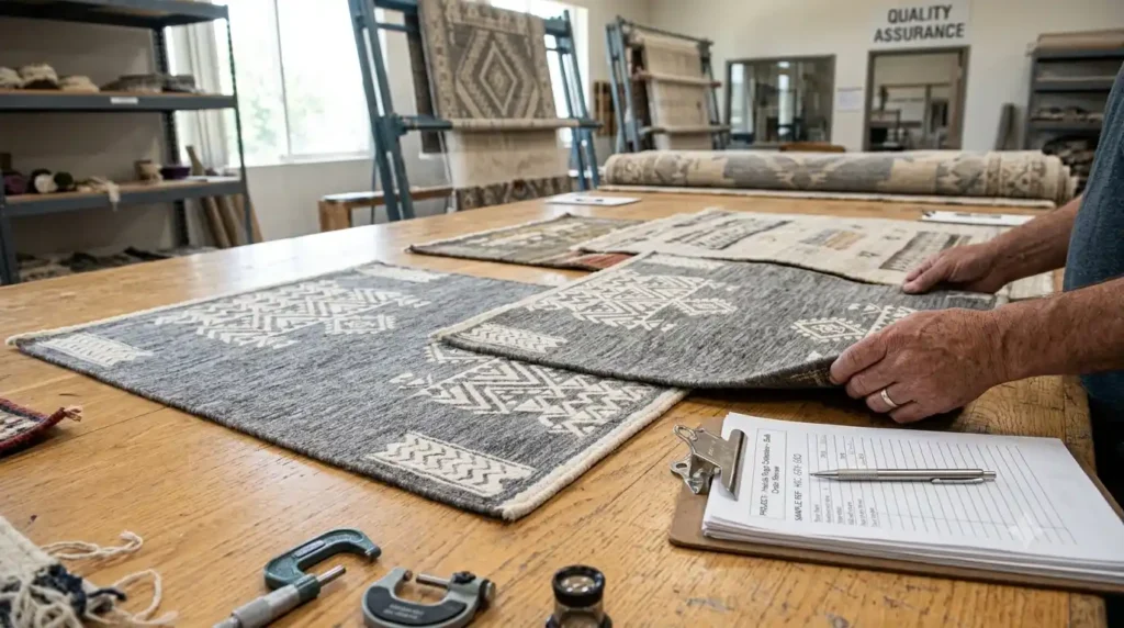 Reviewing handmade rug samples before bulk ordering – Hasida Rugs Collection