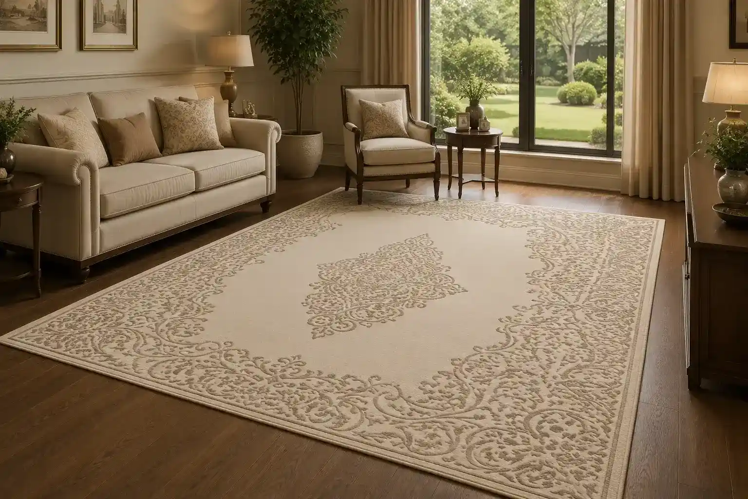 Luxury modern living room featuring a large handmade abstract rug
