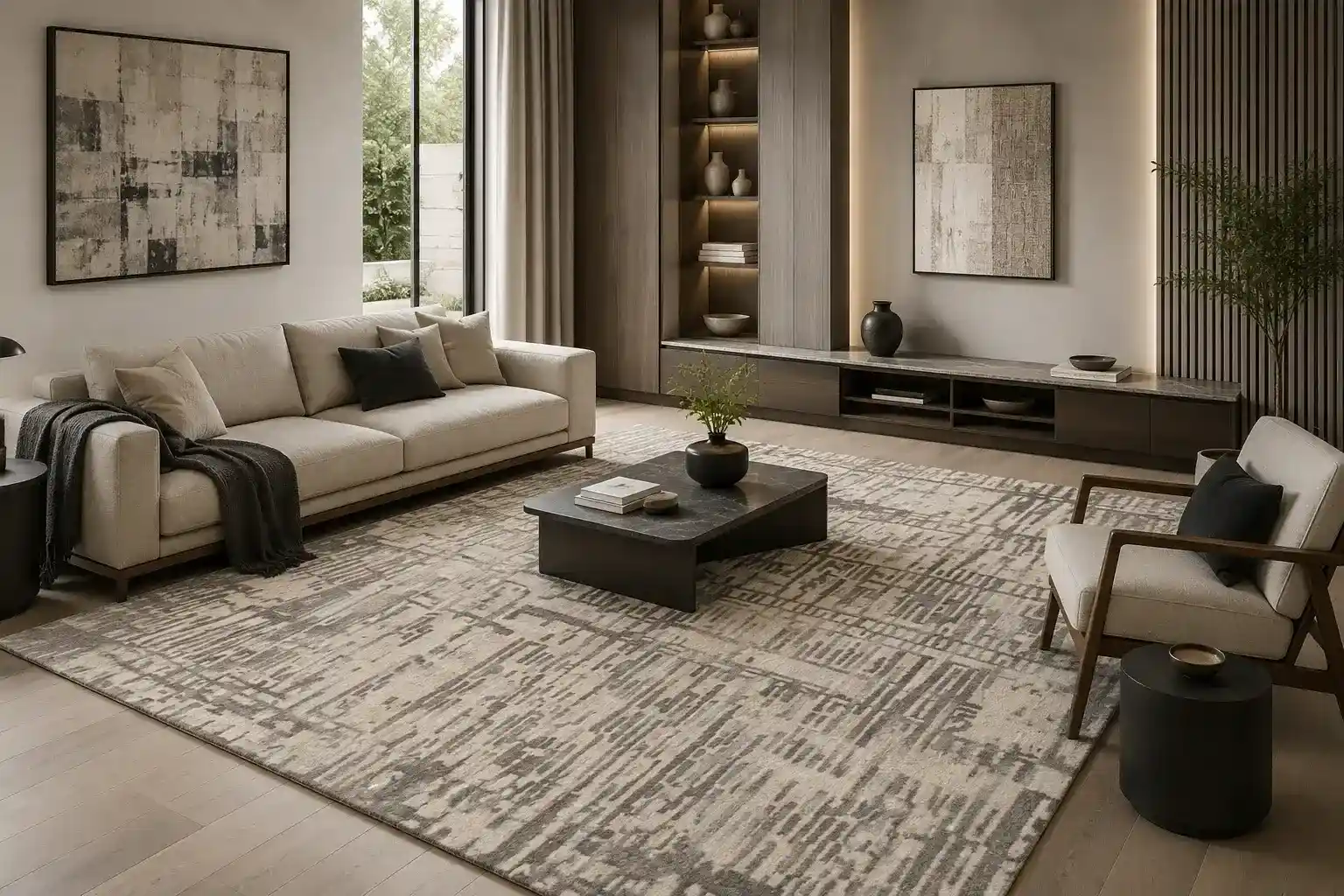 Premium living room with a handmade rug, green sofa, wooden furniture and plants