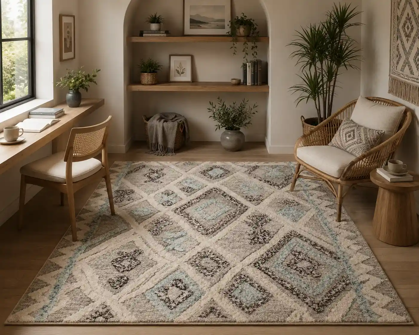 Two designers collaborating over rug designs and textile samples